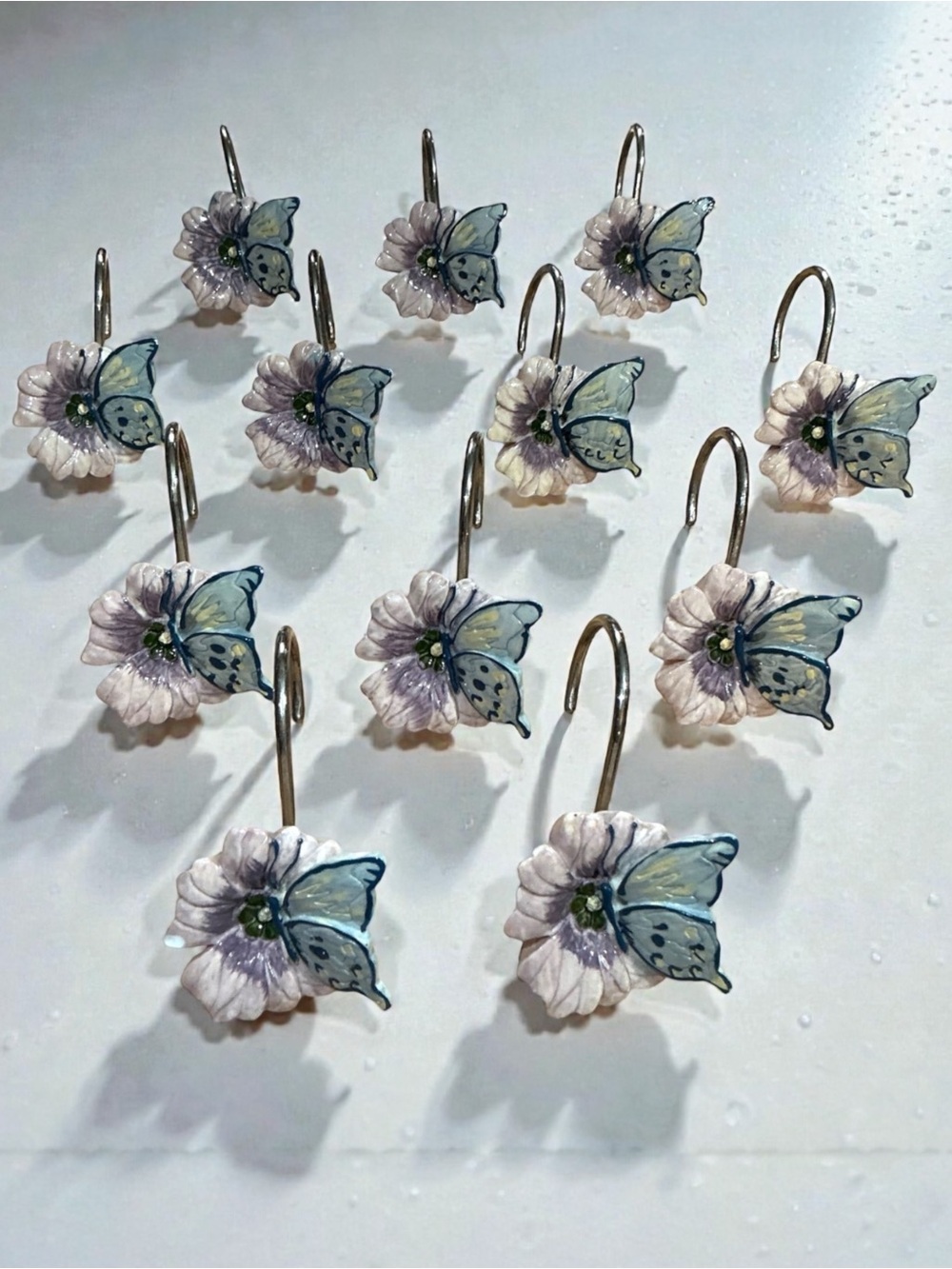 Vintage Butterfly Flower Shower Hooks - Pale Blue & Light Lavender (Set of 12)